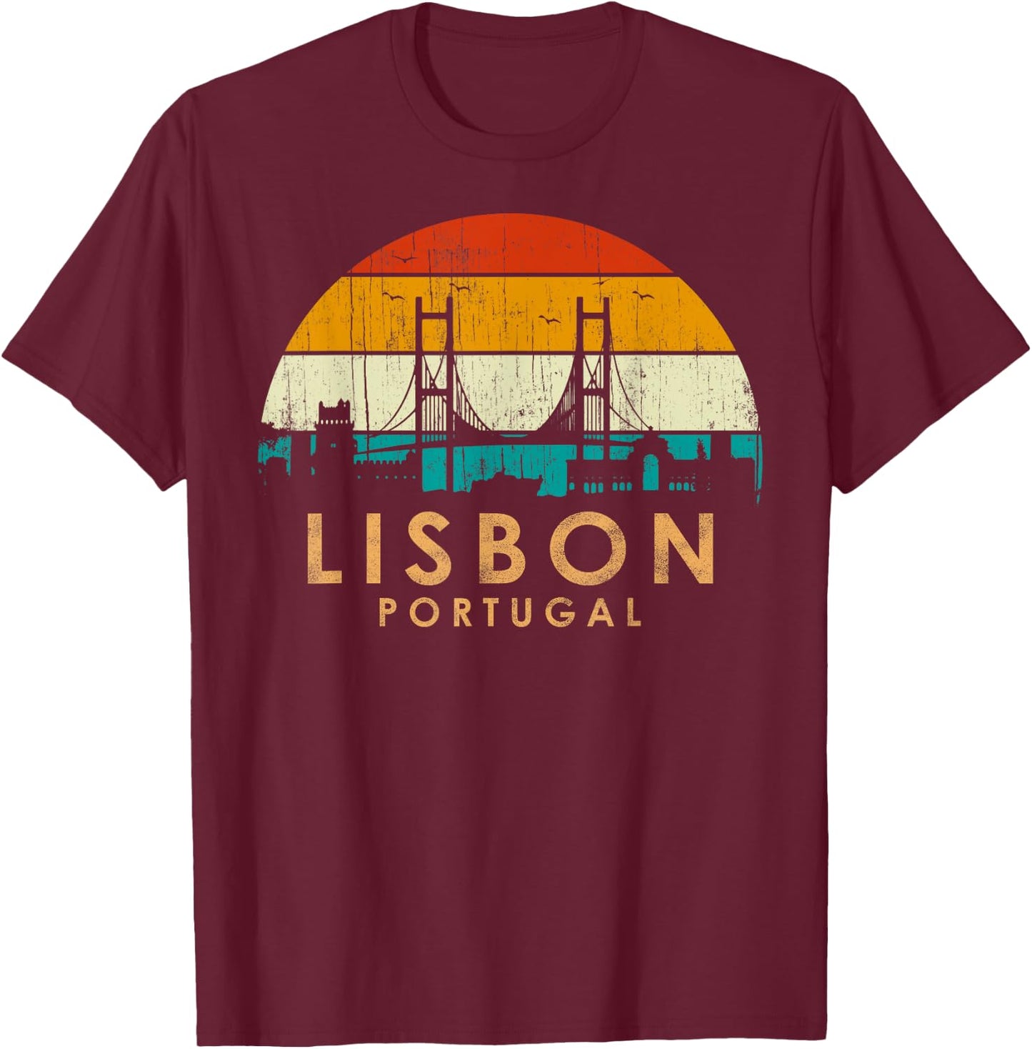 Vintage Retro Style Landscape Sunset Capital Lisbon Portugal T-Shirt - T-Shirt | Maroon