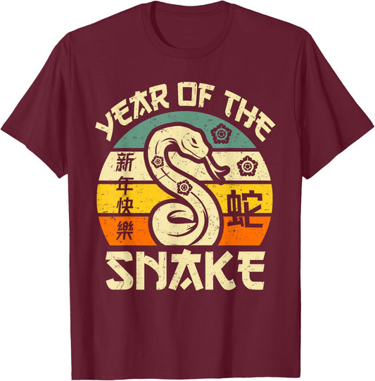 Vintage Year of Snake 2025 Chinese New Year Snake Zodiac T-Shirt - T-Shirt | Maroon