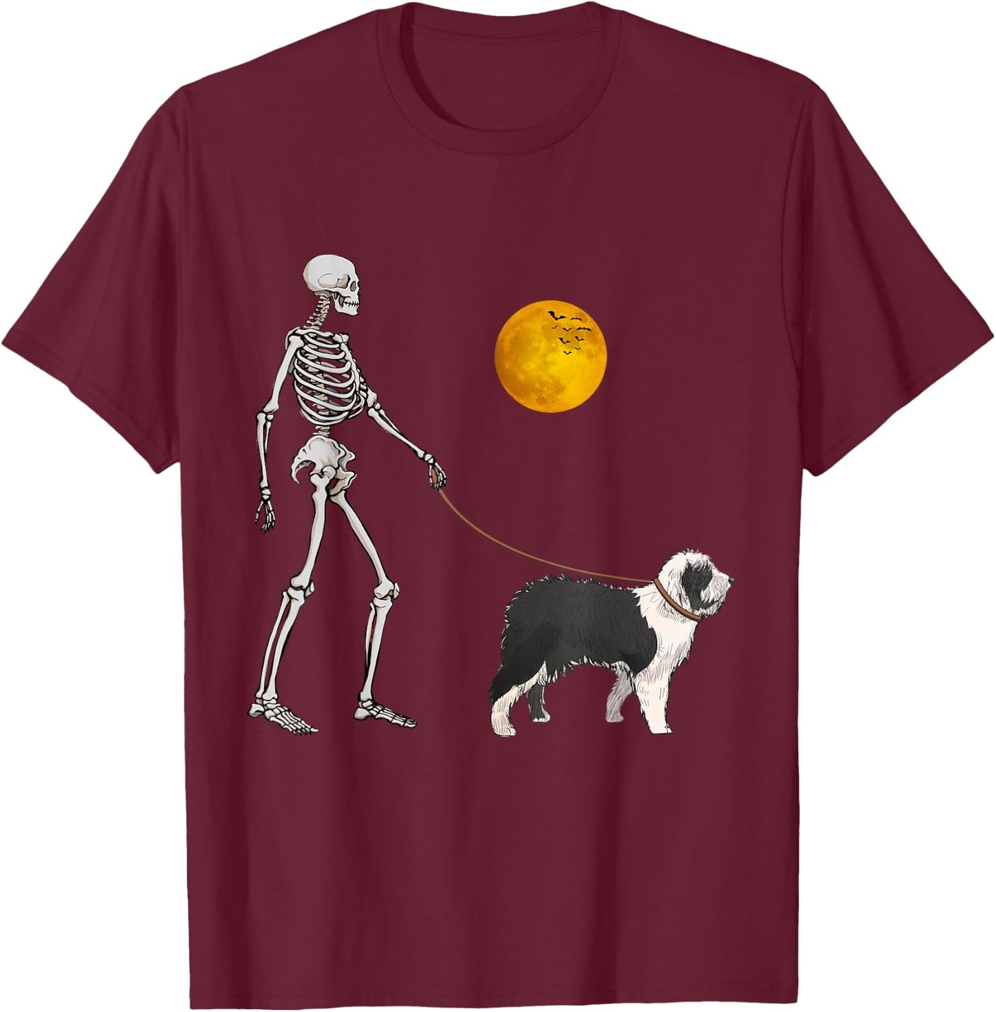 Old English Sheepdog Skeleton Dog Walking Halloween Costume T-Shirt - T-Shirt | Maroon