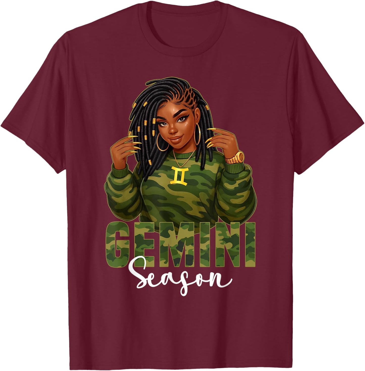 Gemini Season Loc'd Black Woman Camo Zodiac Sign T-Shirt - T-Shirt | Maroon