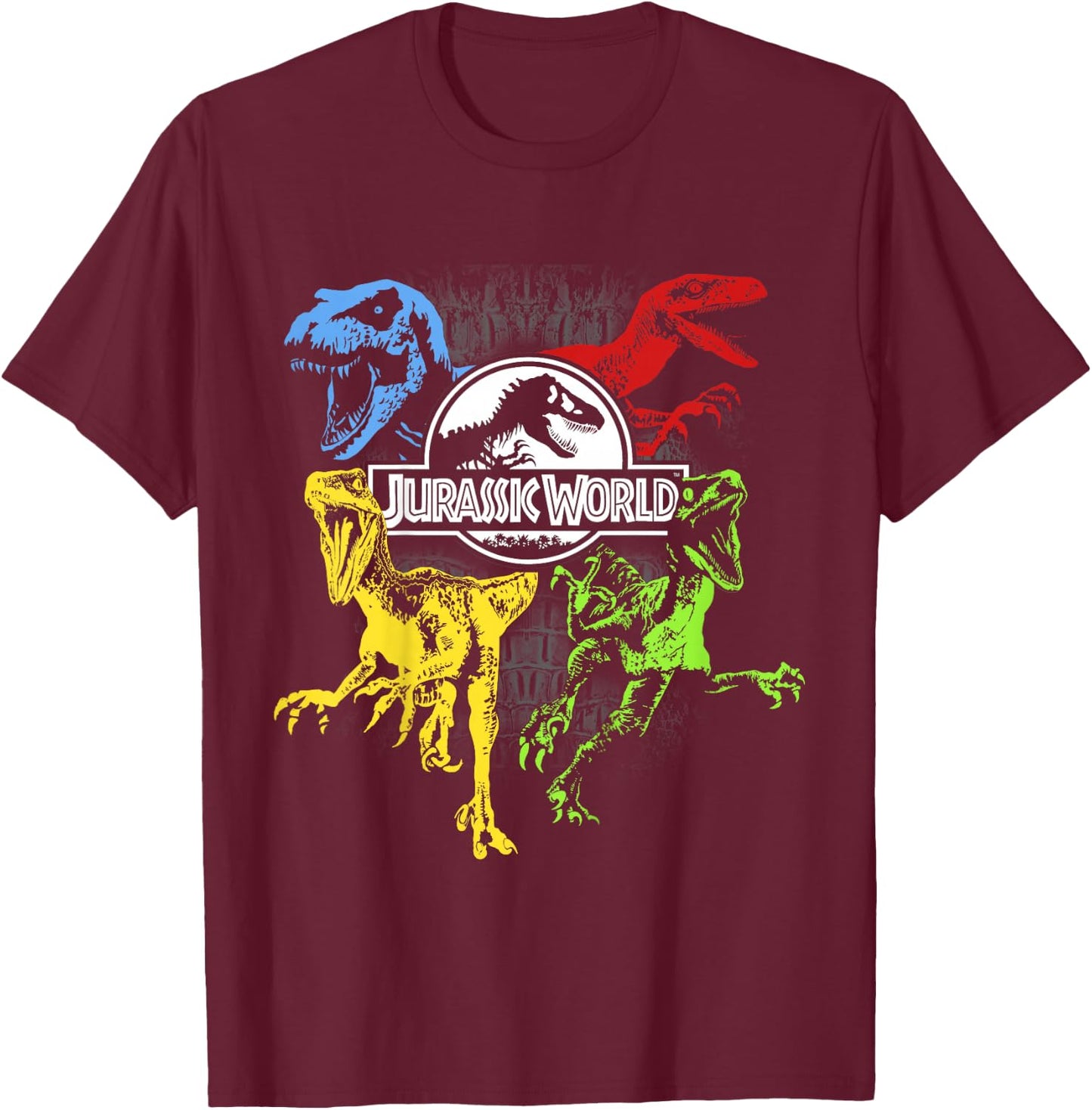 Kids Jurassic World Primary Color Raptors & T-Rex T-Shirt - T-Shirt | Maroon