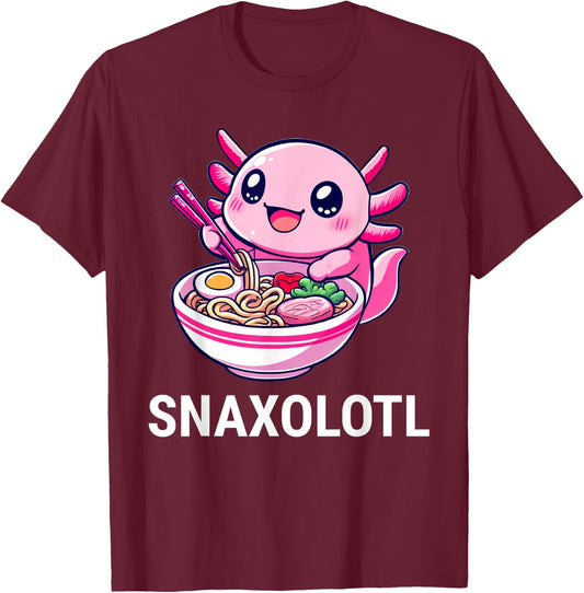 Snaxolotl Axolotl Eating Ramen Noodles Kawaii T-Shirt - T-Shirt | Maroon