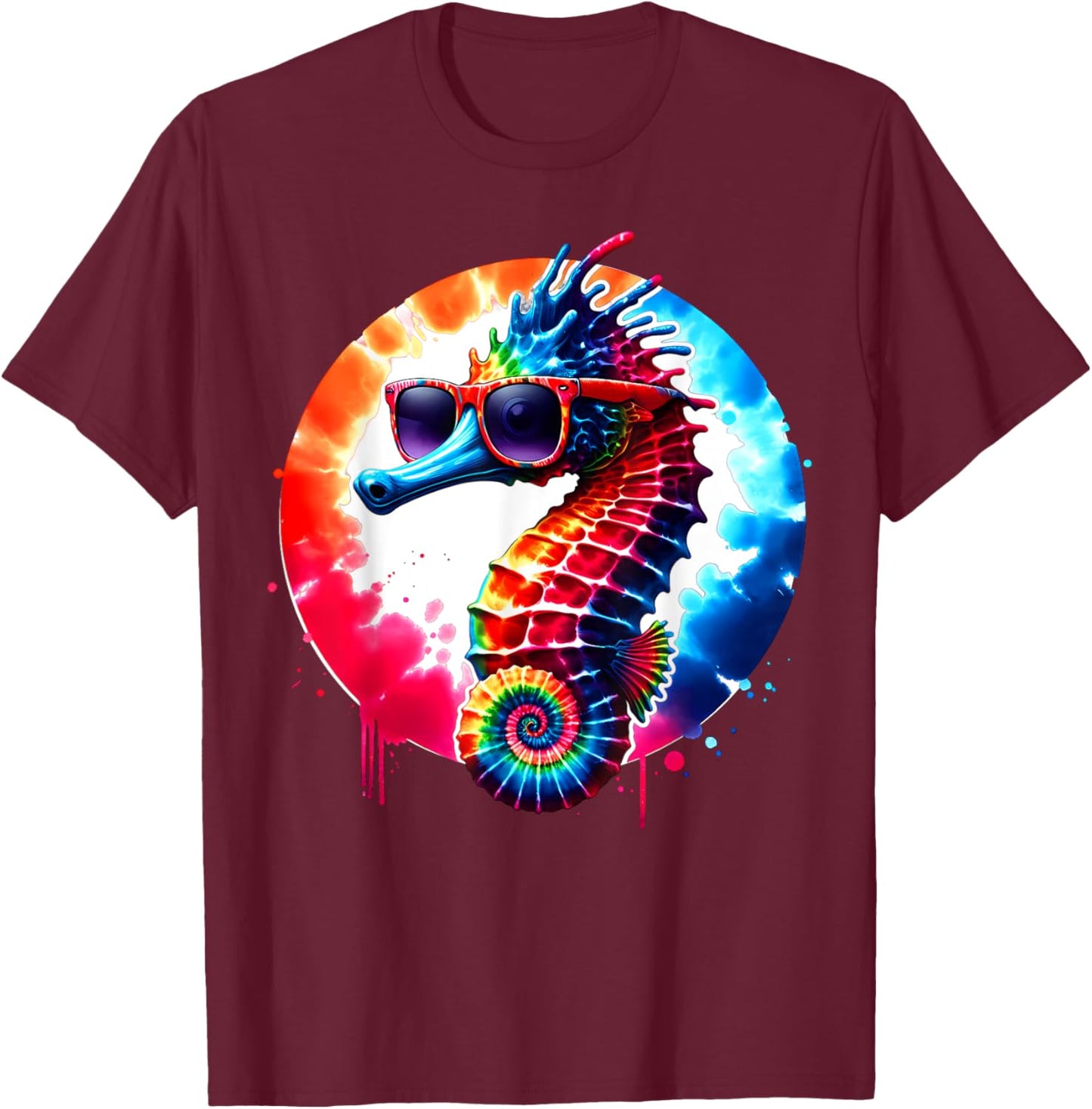 Cool Graphic Tie Dye Sunglasses Seahorse Illustration Art T-Shirt - T-Shirt | Maroon