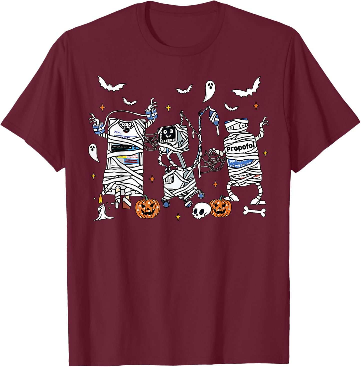 Halloween ICU Nurse Propofol Mummy NICU PICU Nurse Tech T-Shirt - T-Shirt | Maroon