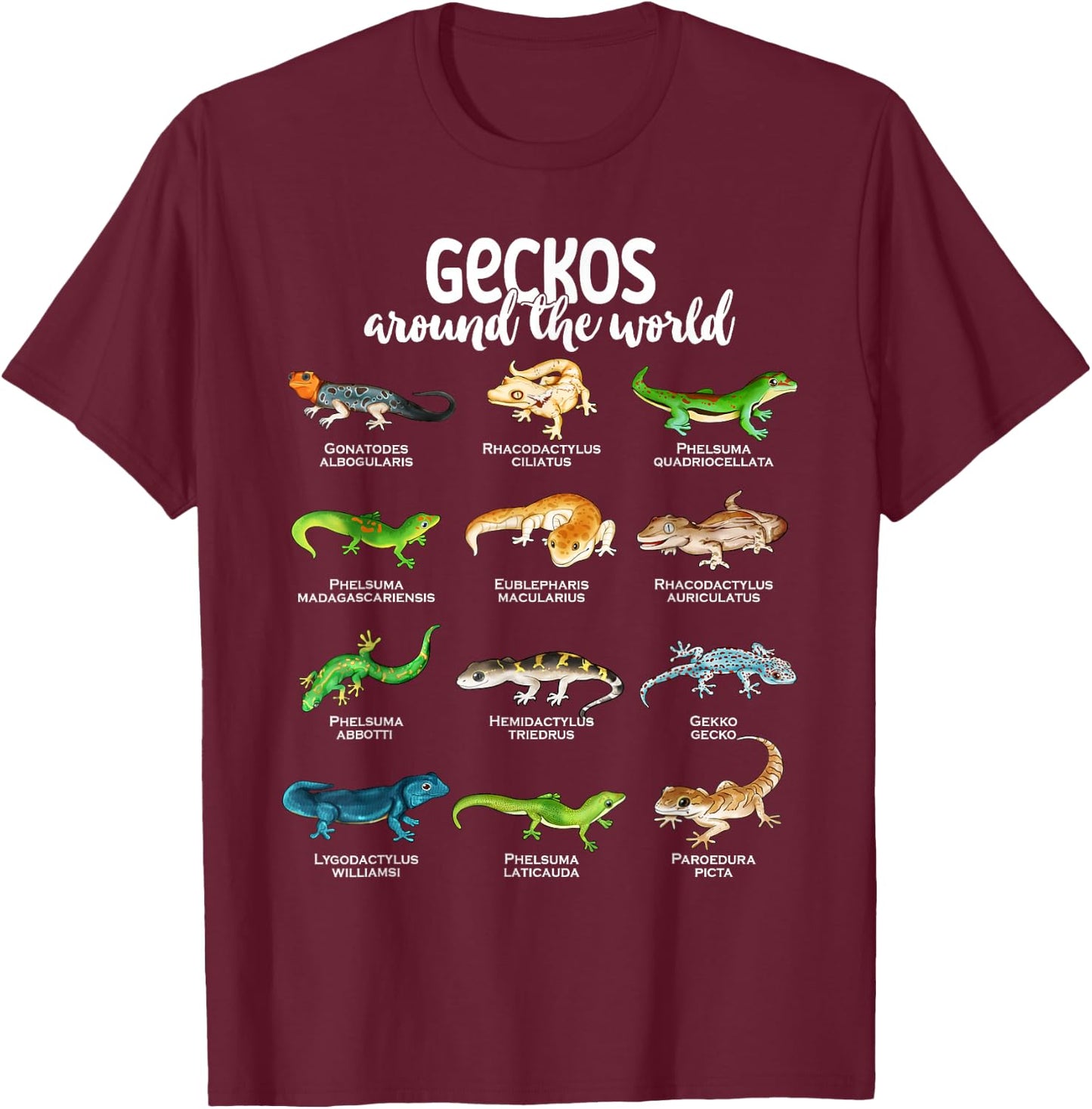 Geckos around the world - Types of Geckos T-Shirt - T-Shirt | Maroon