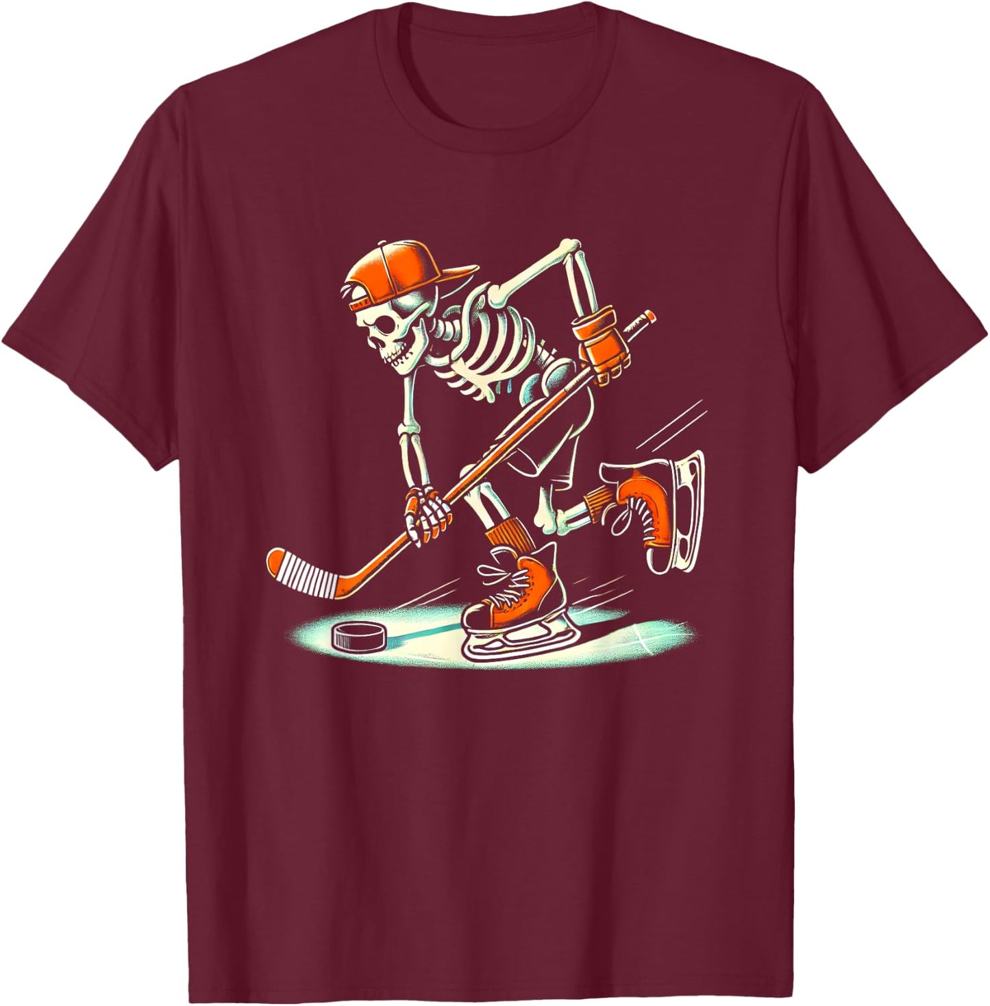 Funny Skeleton Hockey Halloween For Ice Hockey Lovers T-Shirt - T-Shirt | Maroon