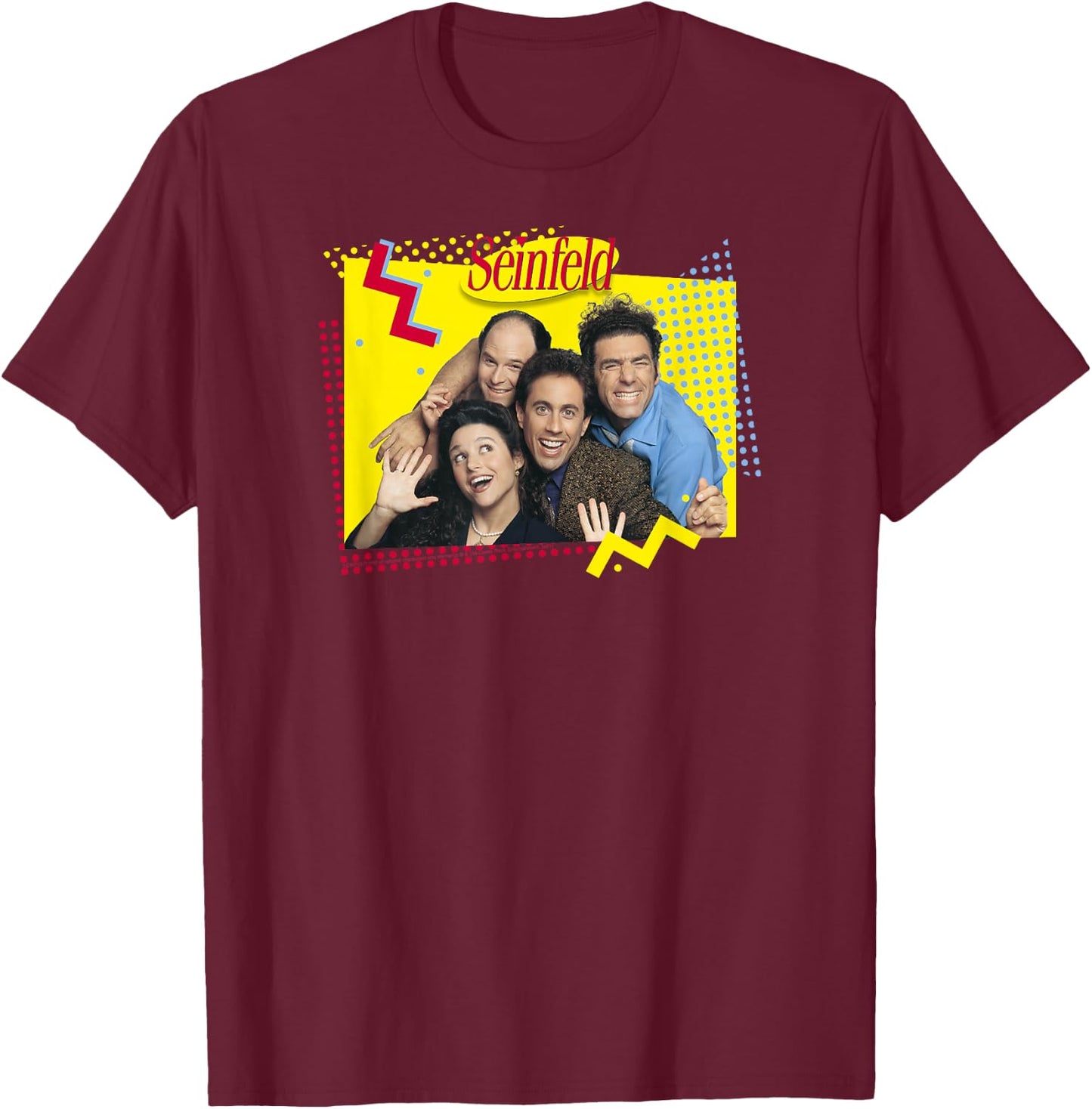 Seinfeld 90's Cast Photo with Squiggles Funny 90's TV Show T-Shirt - T-Shirt | Maroon