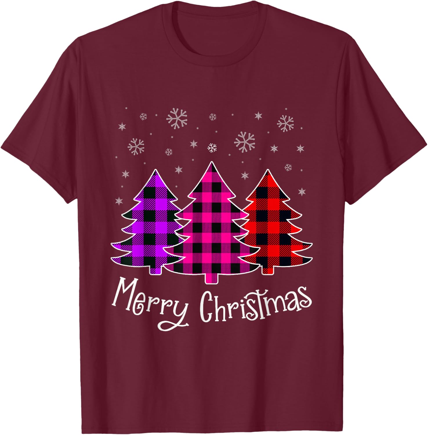 Merry Christmas Tree With Buffalo Pink Plaid Women Girl Teen T-Shirt - T-Shirt | Maroon