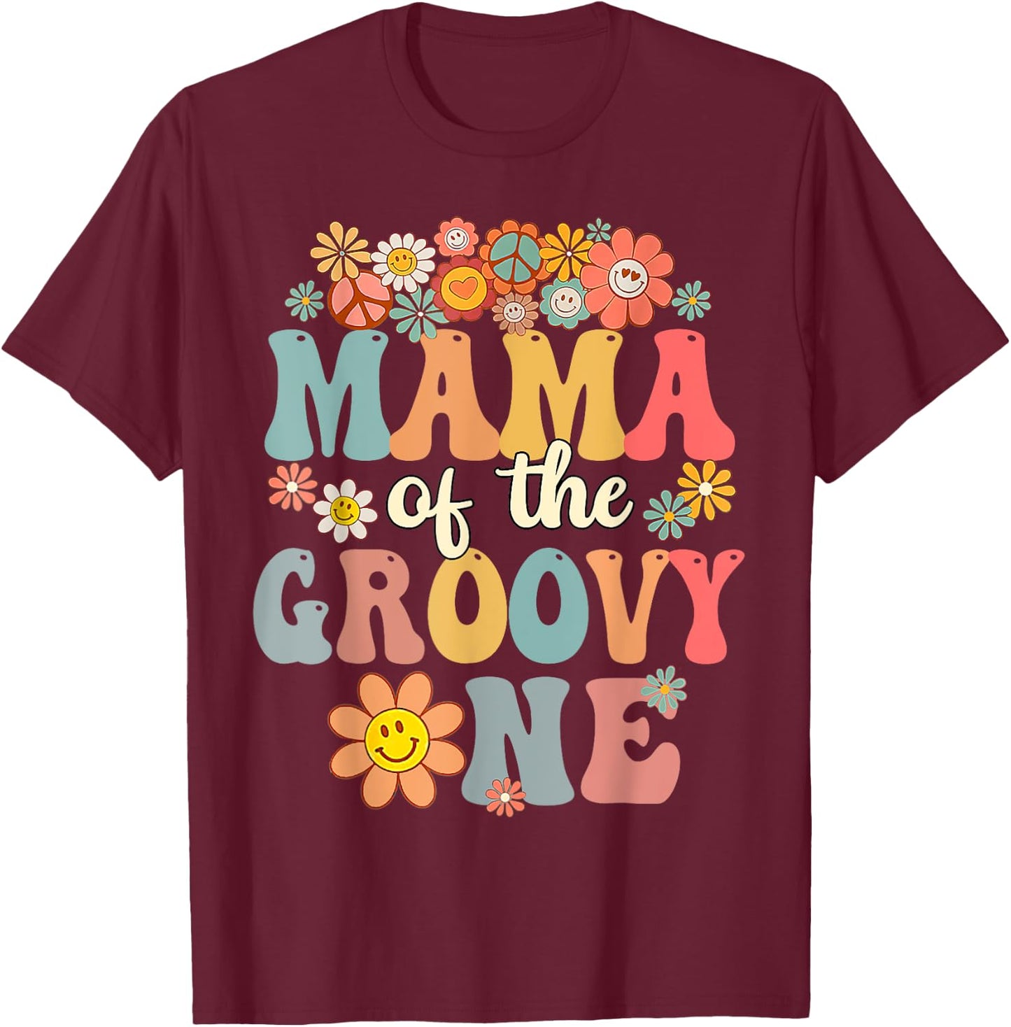 Retro Mama of Groovy One Matching Family 1st Birthday Party T-Shirt - T-Shirt | Maroon
