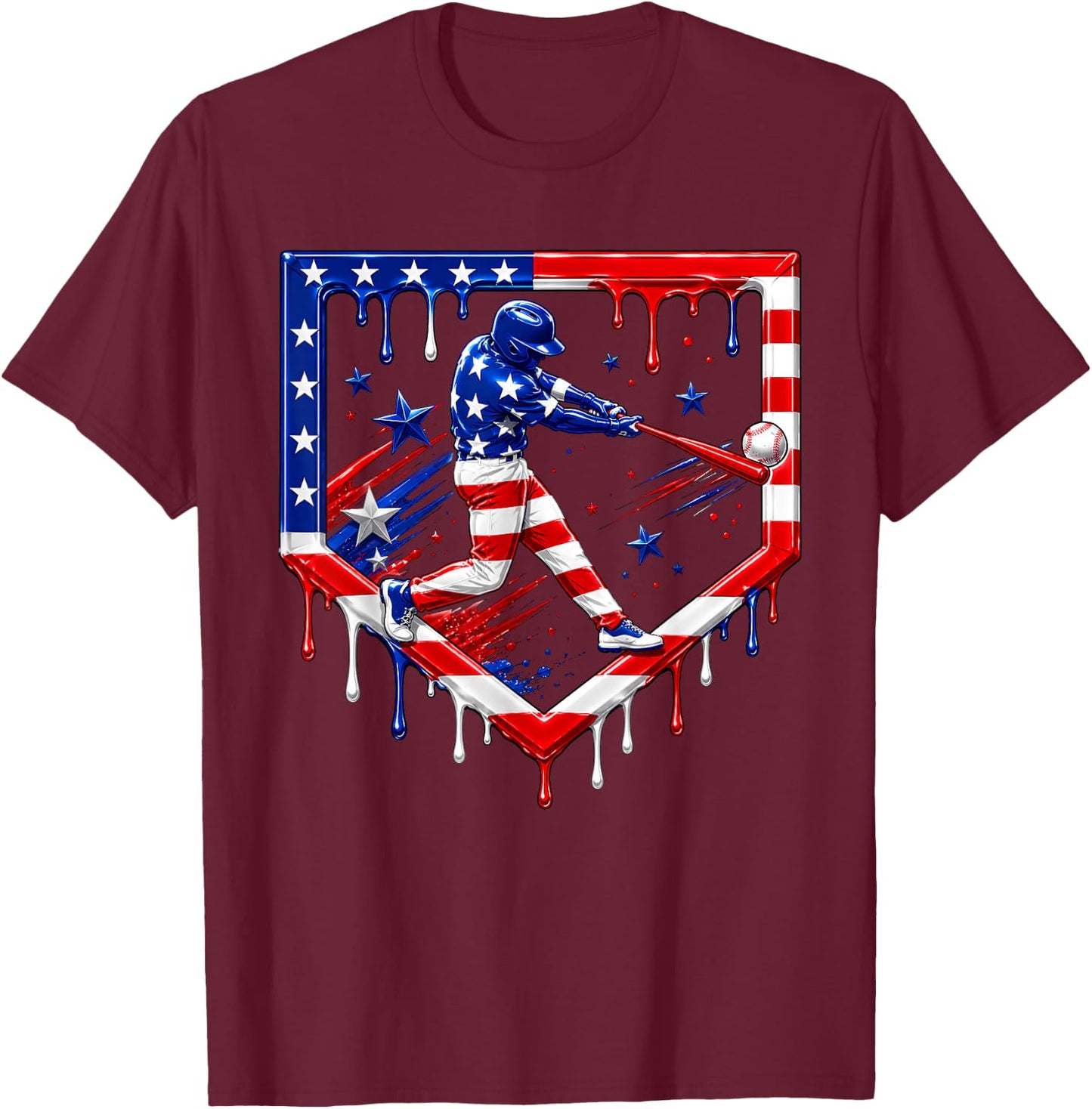 Baseball Drip Ice Cream USA Flag 4th of July Boys Youth Kids T-Shirt - T-Shirt | Maroon