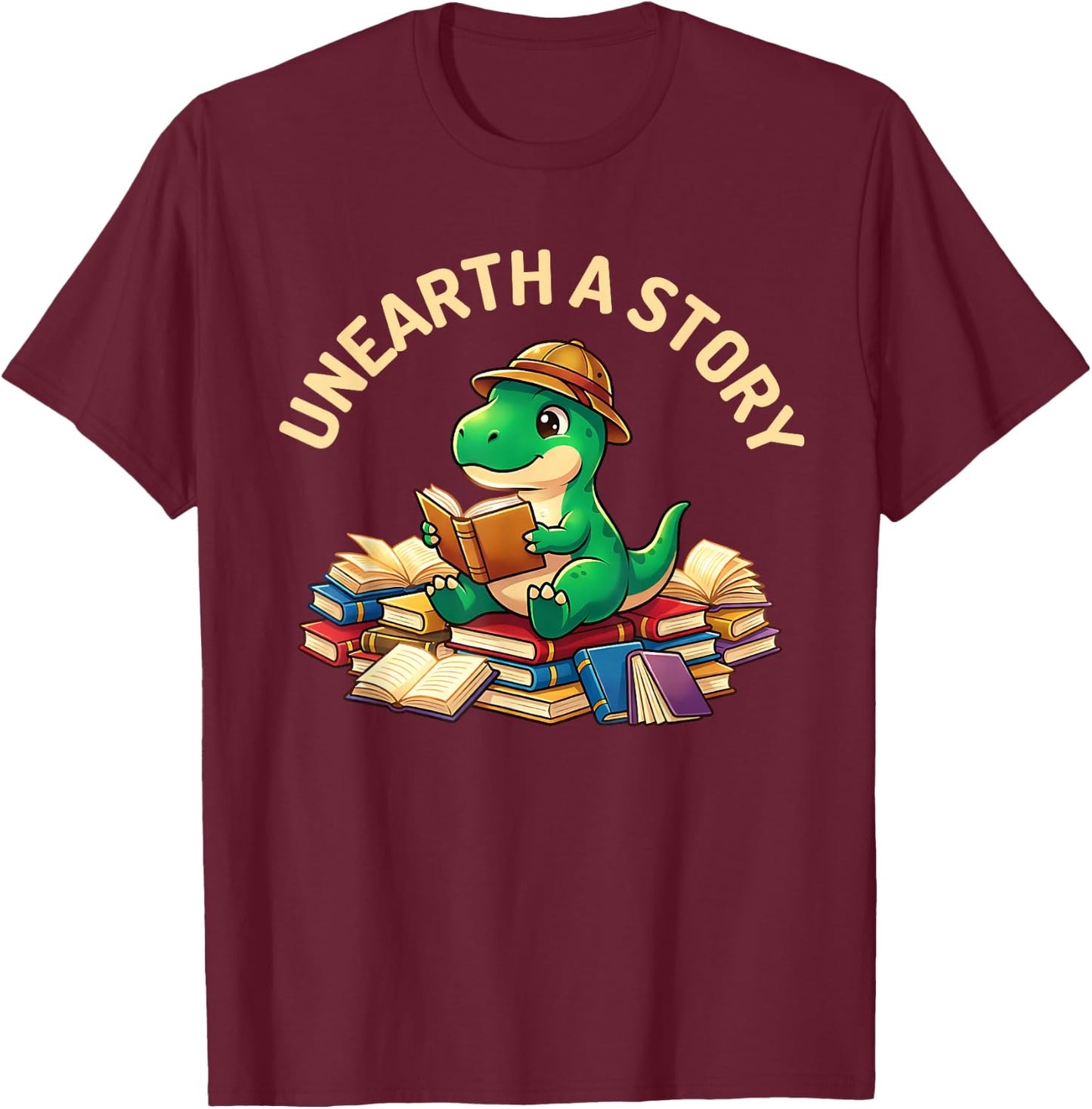 Unearth A Story Summer Reading 2026 Dinosaur Book Floral T-Shirt - T-Shirt | Maroon