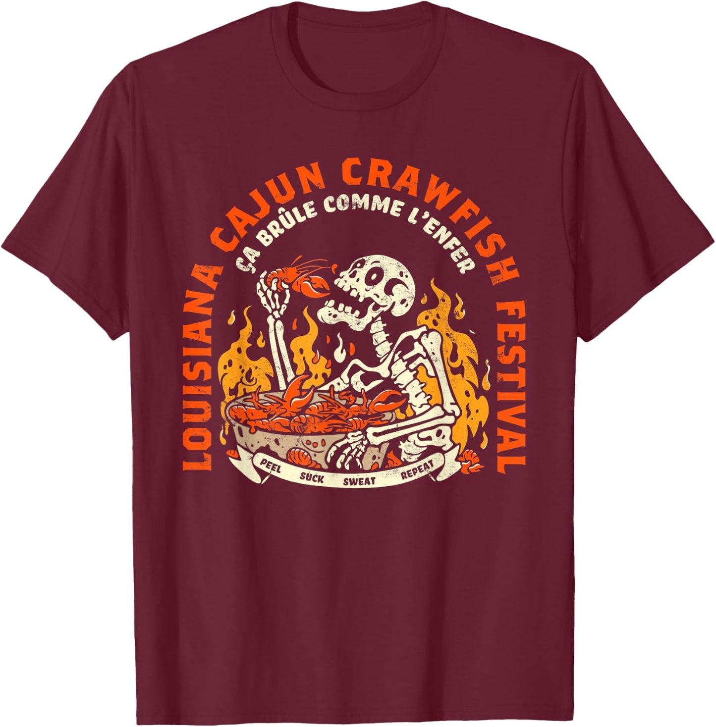 Louisiana Retro Skeleton Food Cajun Cajun Boil Festival T-Shirt - T-Shirt | Maroon