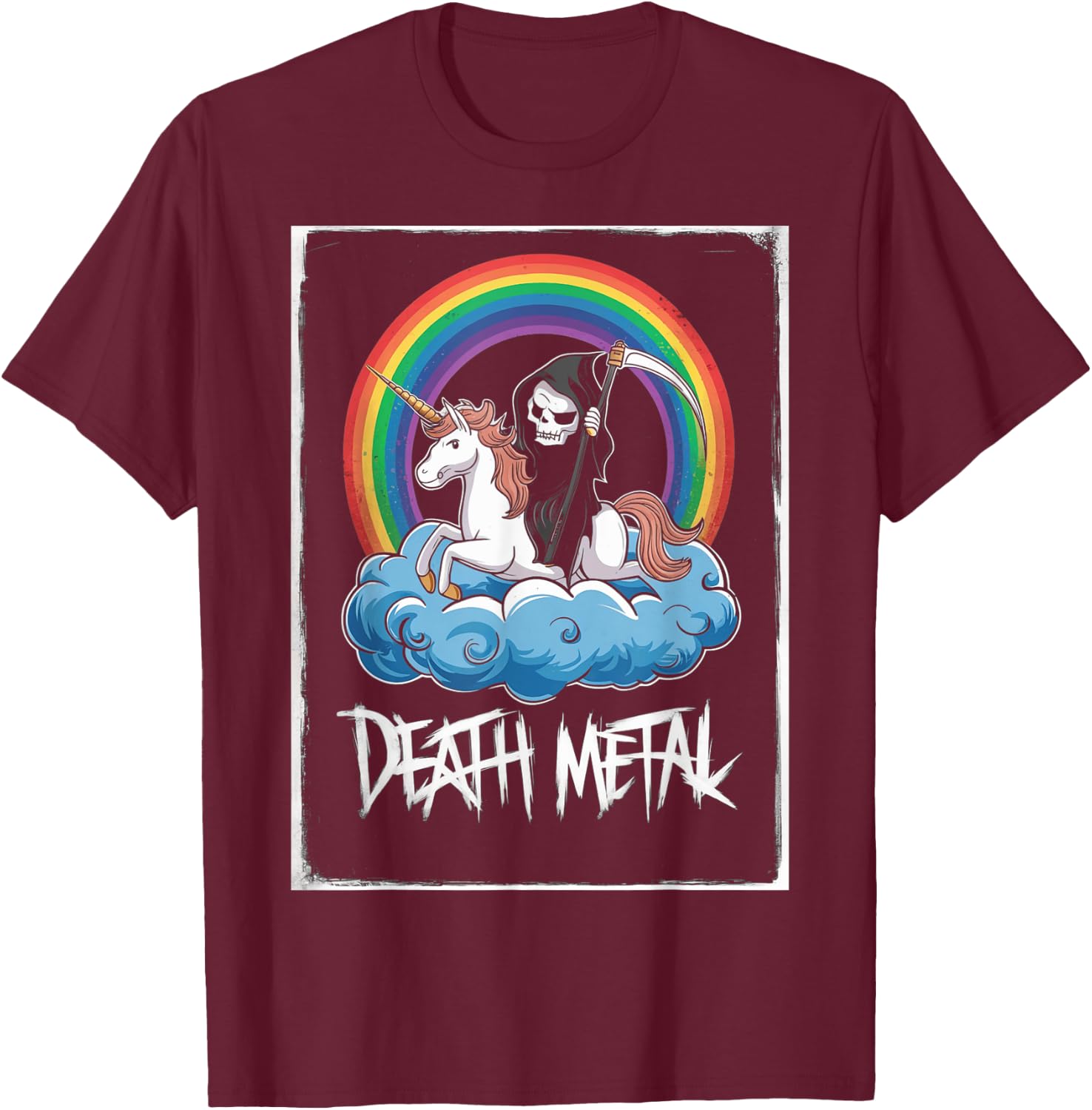 Grim Reaper Rides Unicorn Under Rainbow Death Metal Rocker T-Shirt - T-Shirt | Maroon