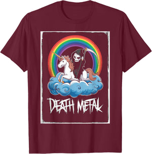 Grim Reaper Rides Unicorn Under Rainbow Death Metal Rocker T-Shirt - T-Shirt | Maroon
