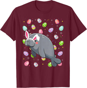 Manatee Happy Easter Egg Hunt Bunny Ear Manatee Easter T-Shirt - T-Shirt | Maroon