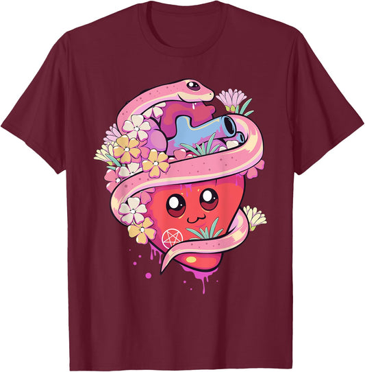 Pastel Goth Kawaii Anime Heart with Snake Serpent T-Shirt - T-Shirt | Maroon