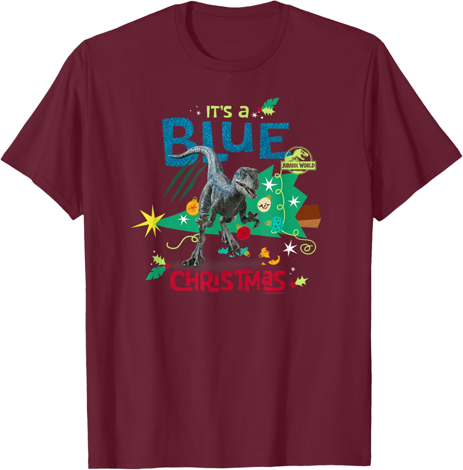 Jurassic World Blue Christmas With Blue The Raptor T-Shirt - T-Shirt | Maroon