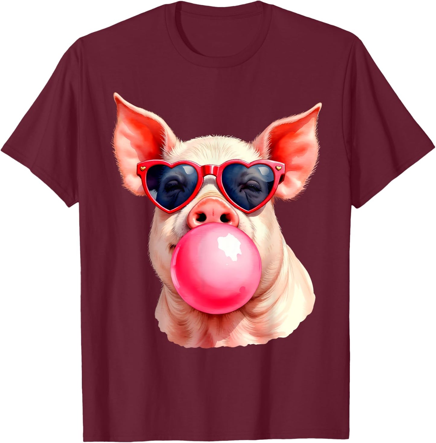 Pig Blowing Bubble Funny Pig T-Shirt - T-Shirt | Maroon