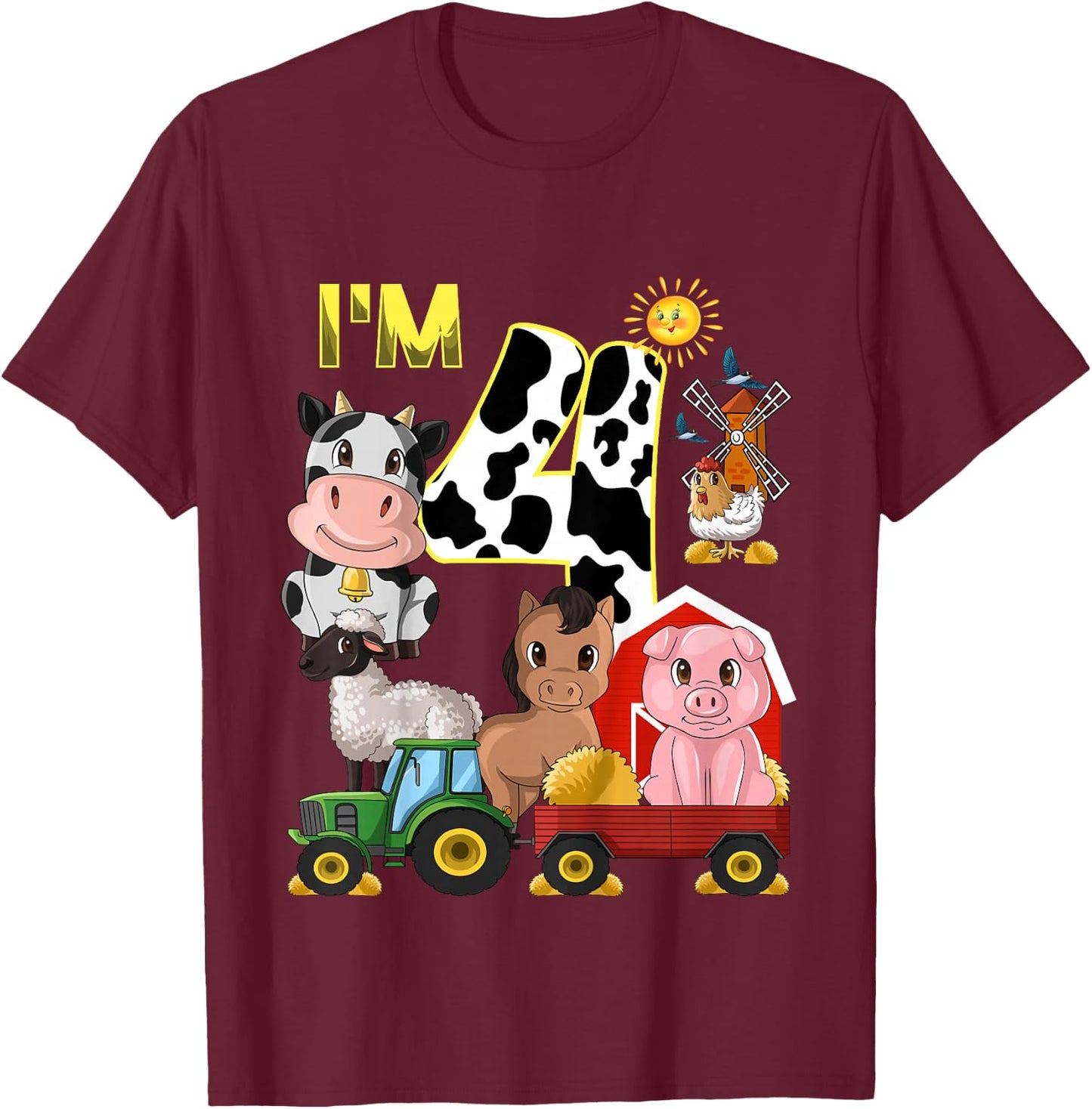Kids Farm Animals Tractor 4th Birthday 4 Year Old Birthday Party T-Shirt - T-Shirt | Maroon