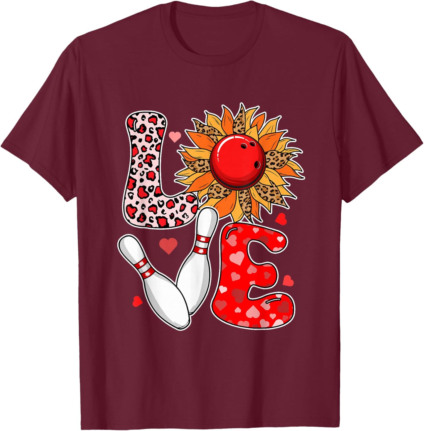 LOVE Leopard Sunflower Bowling Equipment Valentine Player T-Shirt - T-Shirt | Maroon