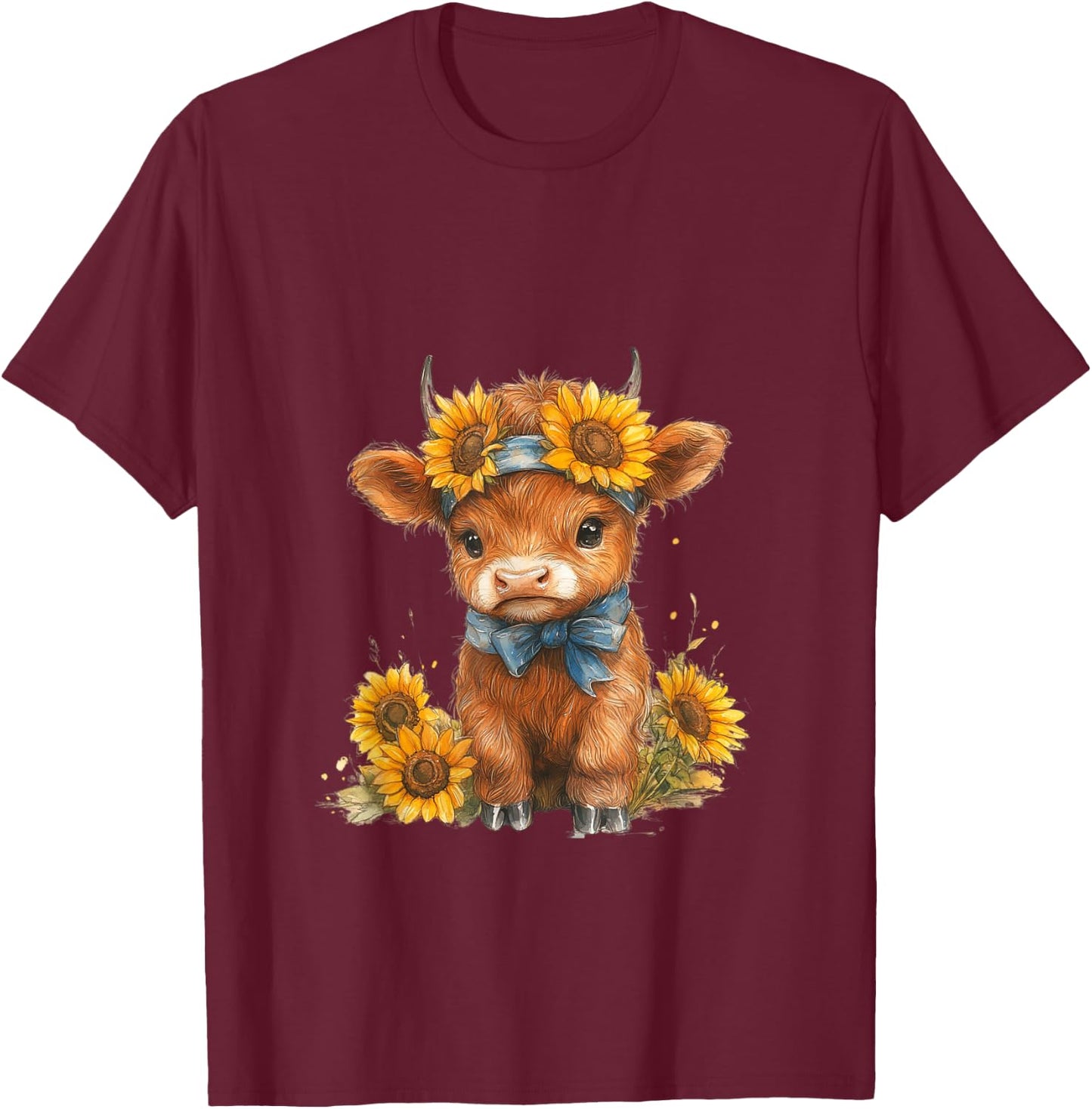 Cute Highland cow with sunflowers country Heifer Farm Farmer T-Shirt - T-Shirt | Maroon