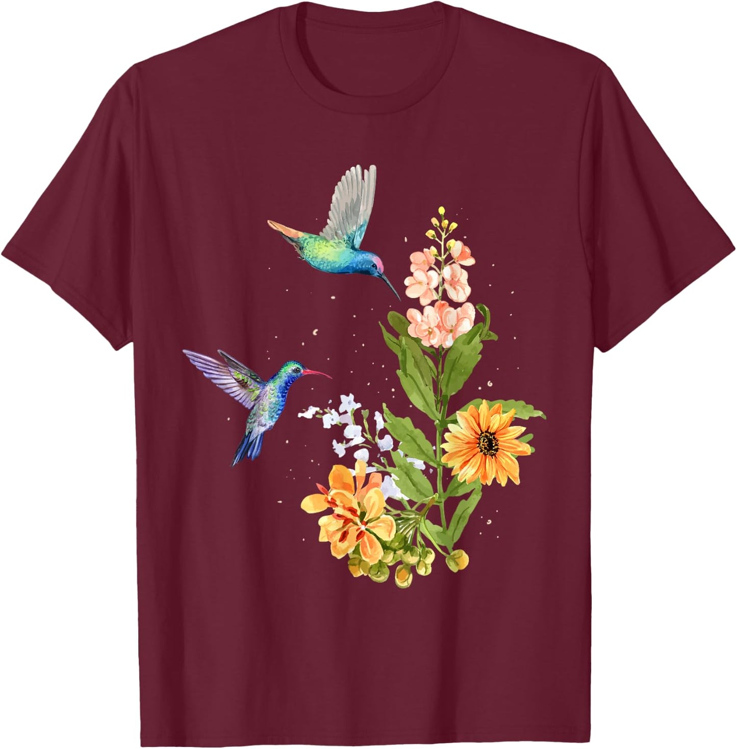 Hummingbird and Flower Watercolor Art Design Bird T-Shirt - T-Shirt | Maroon