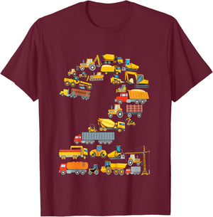 Children's 2nd Birthday Boy Builder Excavator Vehicles 2 Years , black T-Shirt - T-Shirt | Maroon