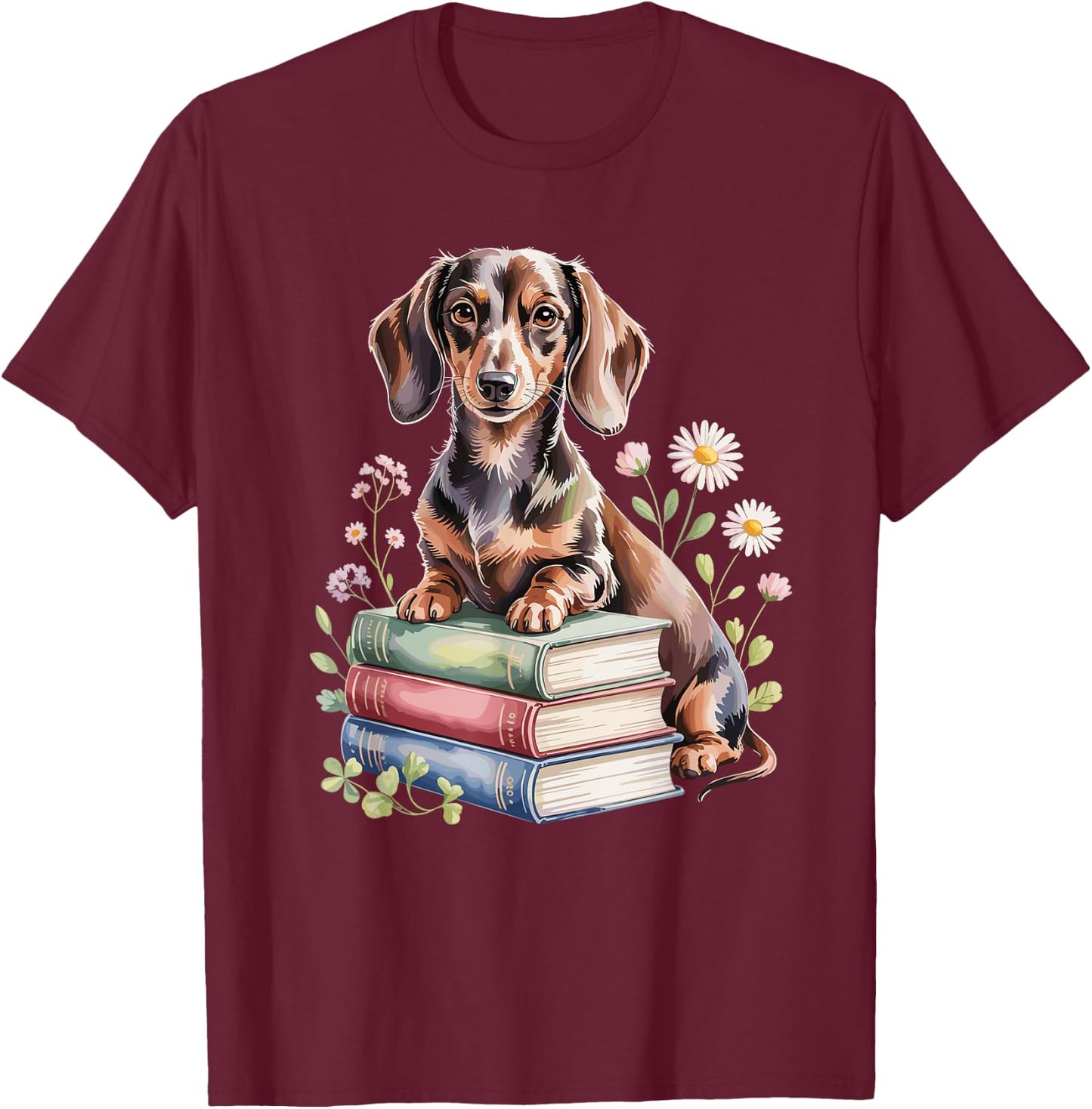 Dachshund Dachshunds Doxie Bookworm Flowers Book Reading T-Shirt - T-Shirt | Maroon