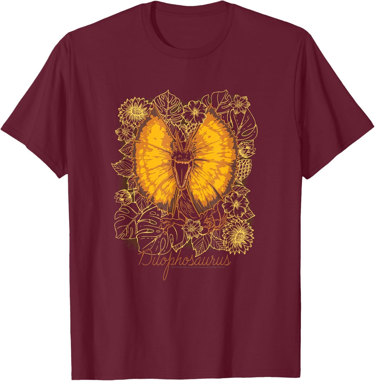 Jurassic World Dominion Floral Dilophosaurus Line Art Retro T-Shirt - T-Shirt | Maroon