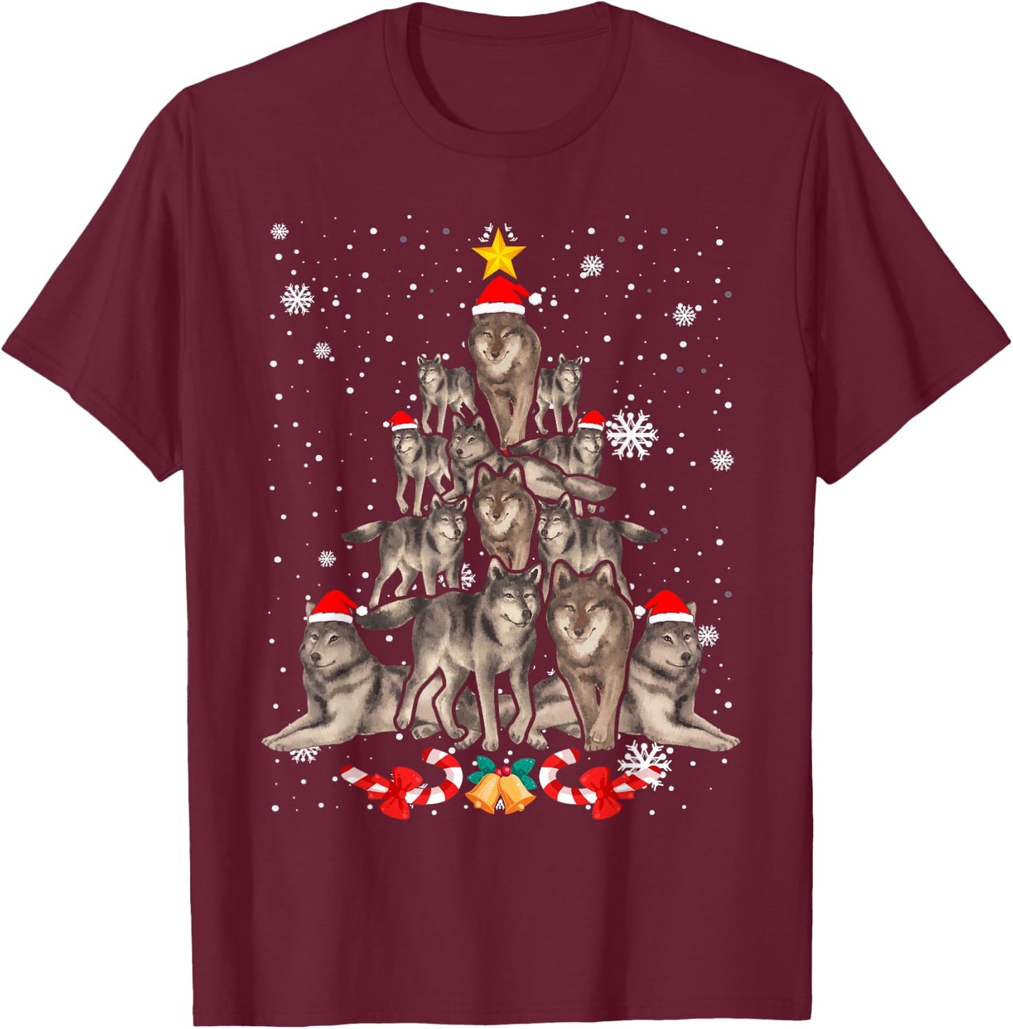 Wolfs Tree Christmas Sweater Xmas Pet Animal Wolf Lover T-Shirt - T-Shirt | Maroon