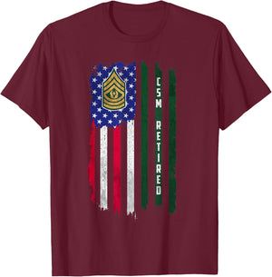 Retired E-9 Command Sergeant Major CSM Rank American Flag T-Shirt - T-Shirt | Maroon
