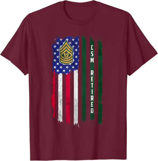 Retired E-9 Command Sergeant Major CSM Rank American Flag T-Shirt - T-Shirt | Maroon