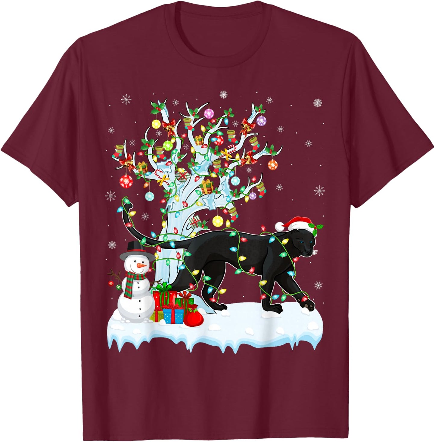 Panther Xmas Lighting Tree Santa Hat Panther Christmas T-Shirt - T-Shirt | Maroon