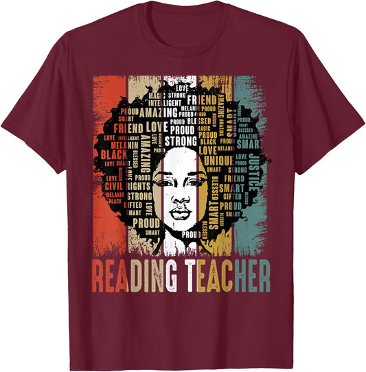 Reading Teacher Afro African American Black History Month T-Shirt - T-Shirt | Maroon