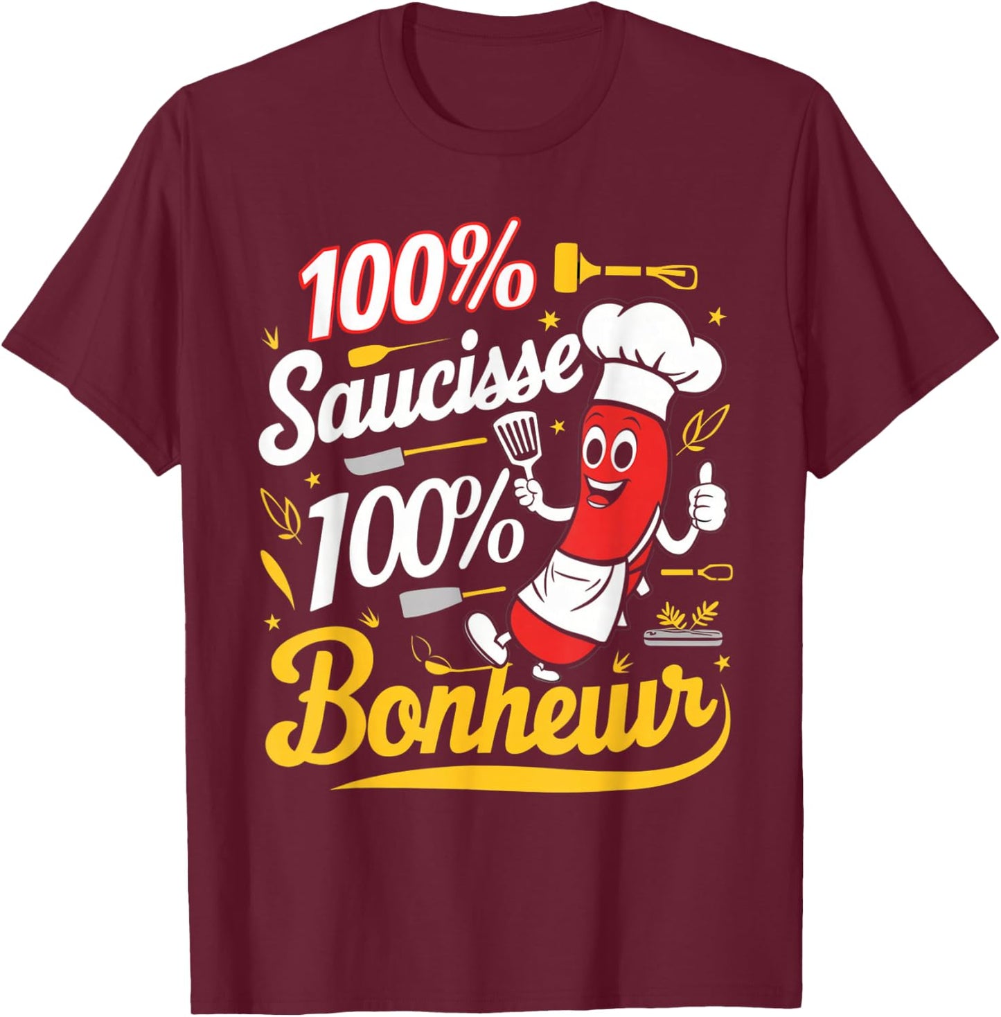 100% Sausage Happiness Gift Barbecue Beauf Humor Meat , Blue, S T-Shirt - T-Shirt | Maroon