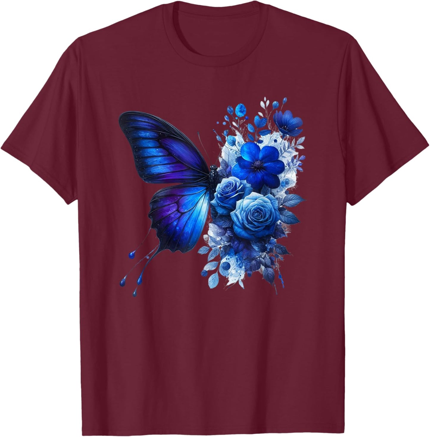 Butterfly Flowers Floral Vintage Butterflies Mom Blue Roses T-Shirt - T-Shirt | Maroon