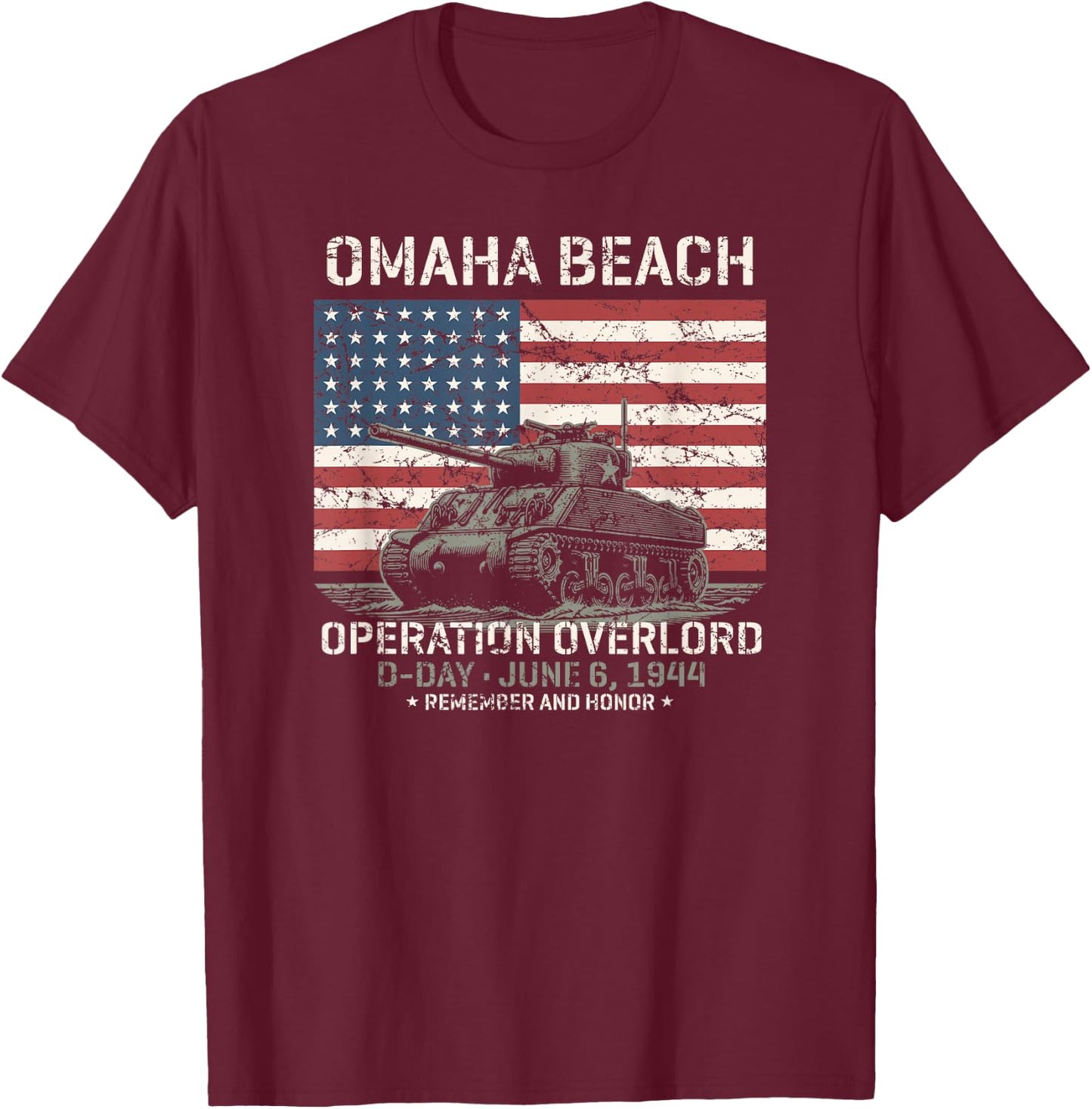 Impression vieillie sur Le Char de l'opération Overlord d'Omaha Beach D-Day 1944 T-Shirt - T-Shirt | Maroon