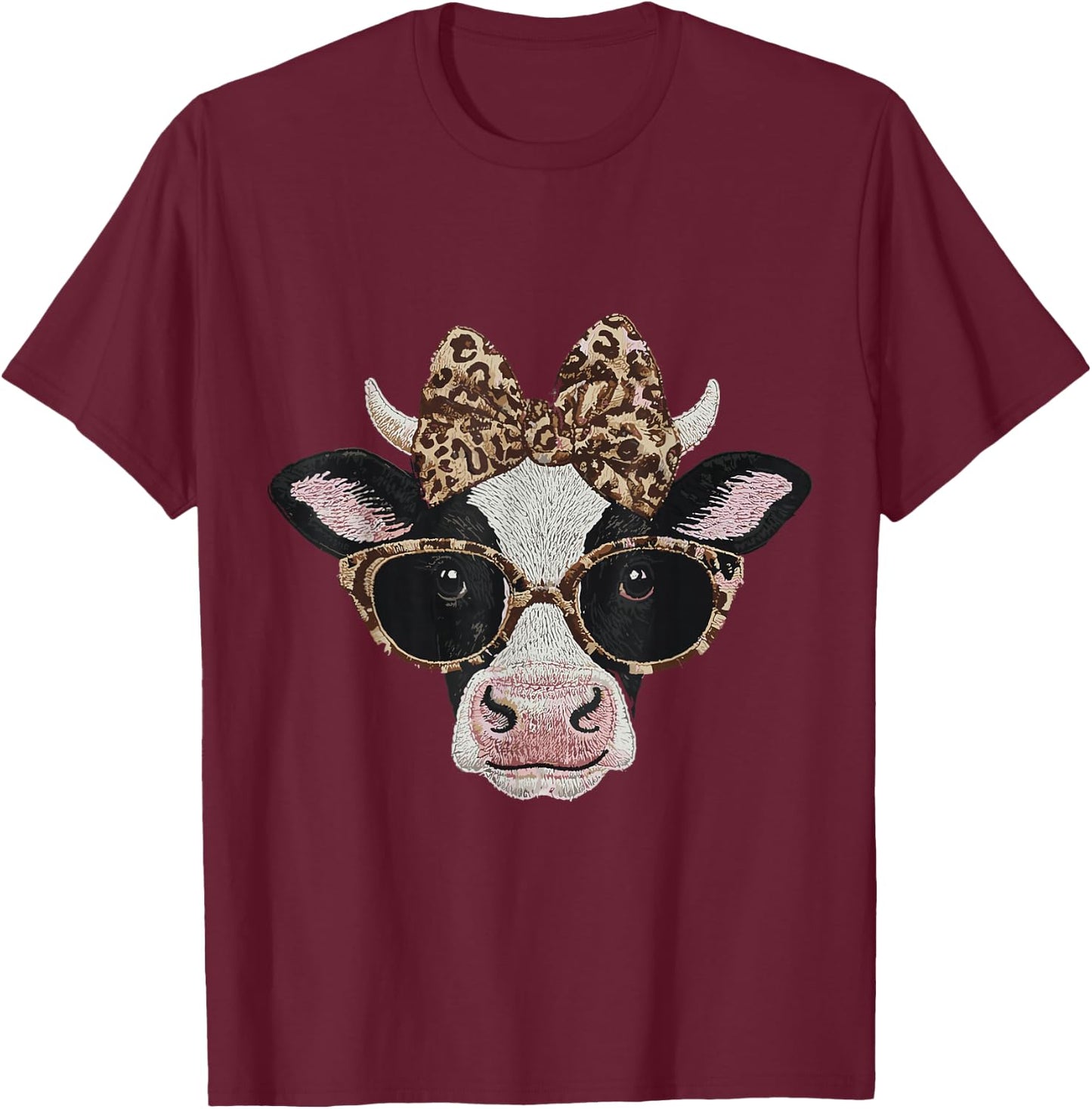Cute Nerdy Leopard Bow Cow Funny Farm Animal Women T-Shirt - T-Shirt | Maroon