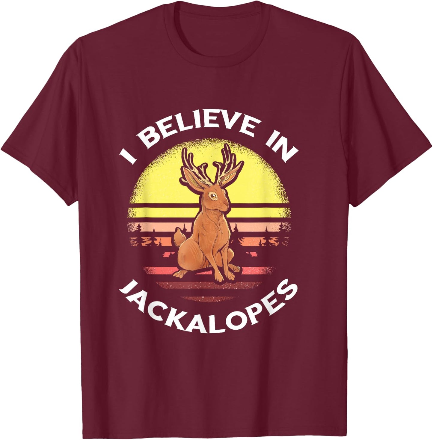 Jackrabbit Retro Jackalope I Believe in Cryptozoology T-Shirt - T-Shirt | Maroon