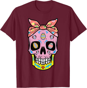 Easter Sugar Skull Eggs Bandana Mexican Mom Women Girls Kids T-Shirt - T-Shirt | Maroon