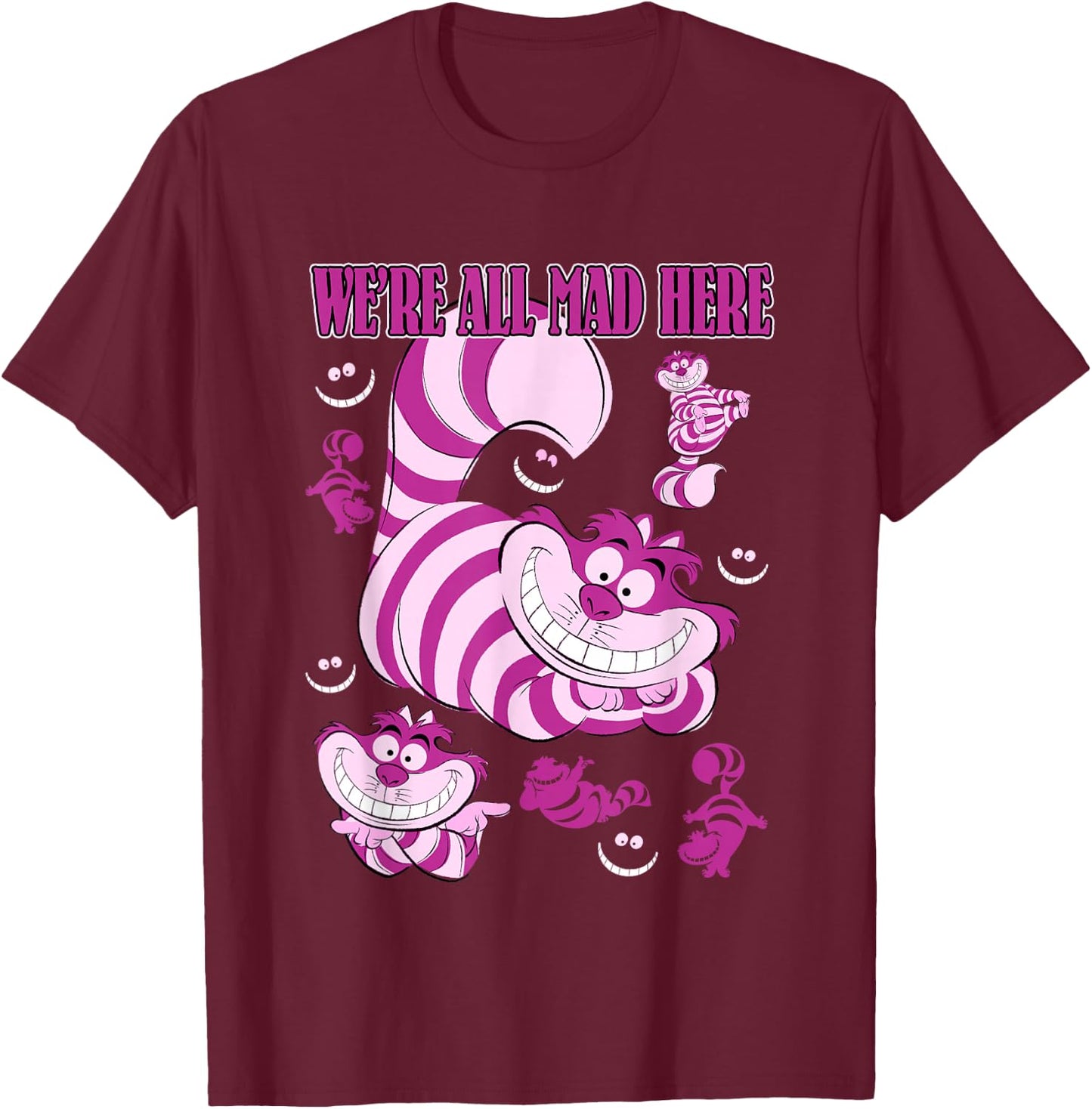 Disney Alice in Wonderland Cheshire Cat We're All Mad Here T-Shirt - T-Shirt | Maroon