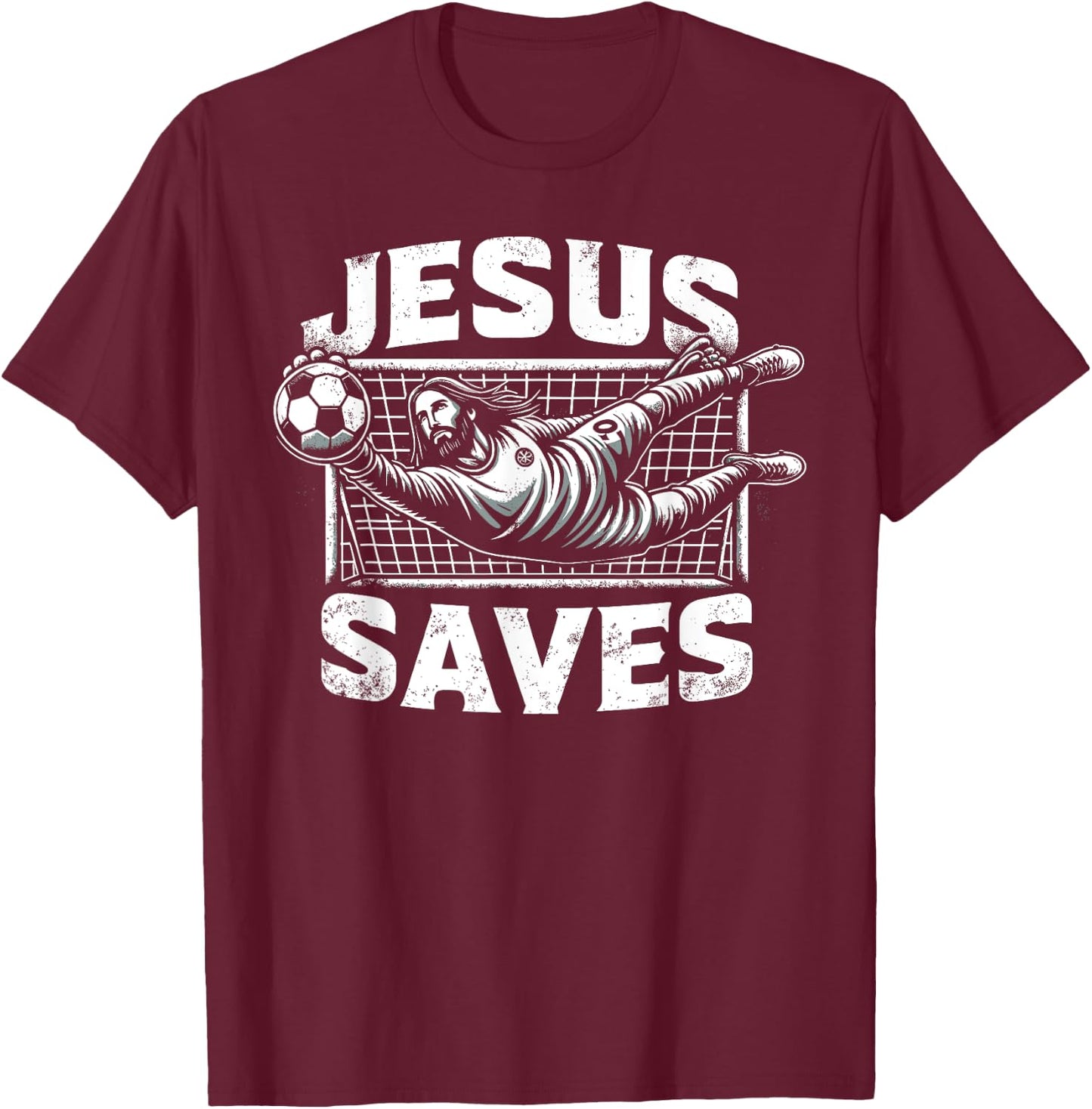 Vintage Jesus Saves Soccer Goalie T-Shirt - T-Shirt | Maroon