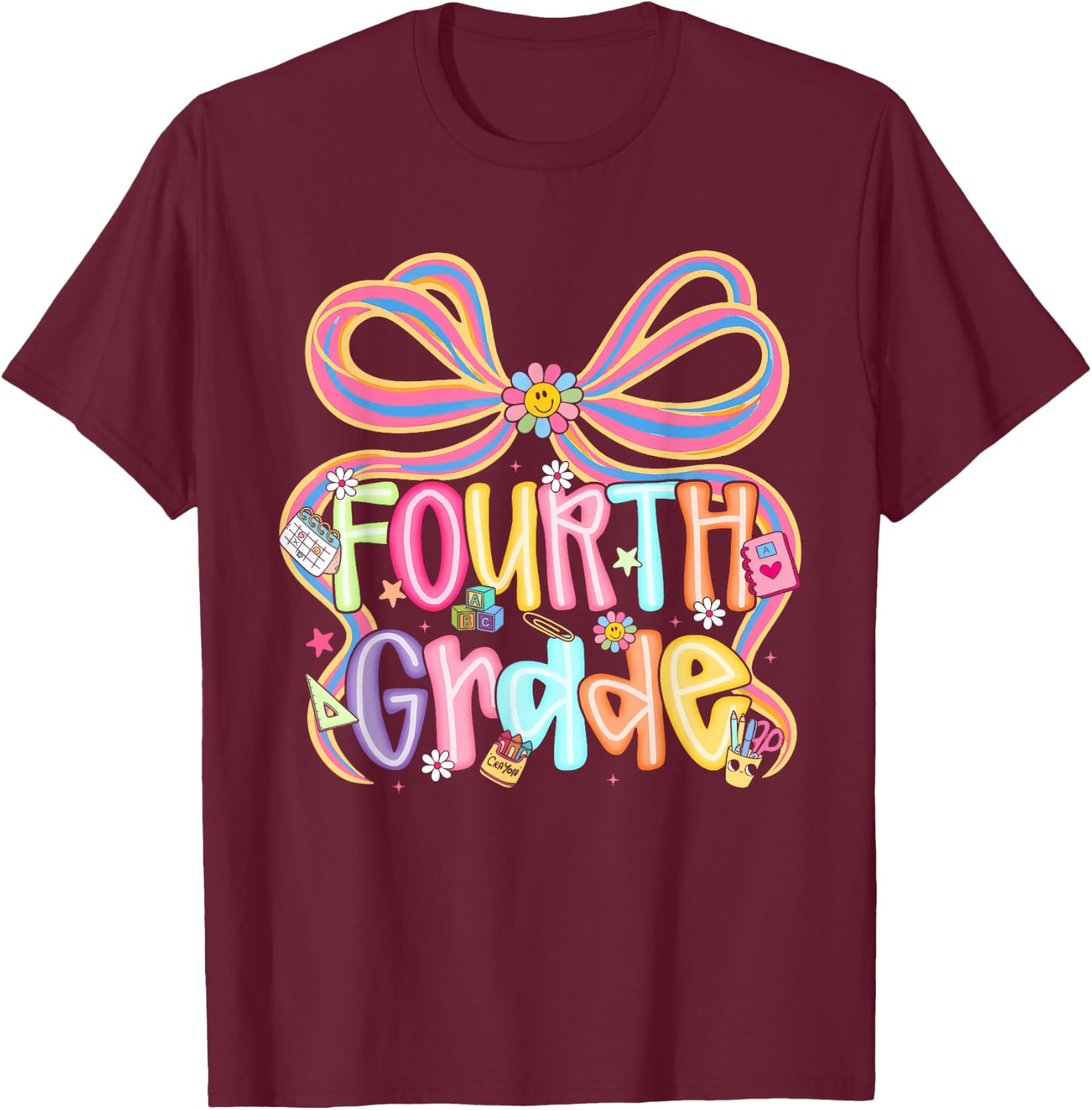 Preppy Fourth Grade Back to School Coquette Bow Teacher Kids T-Shirt - T-Shirt | Maroon
