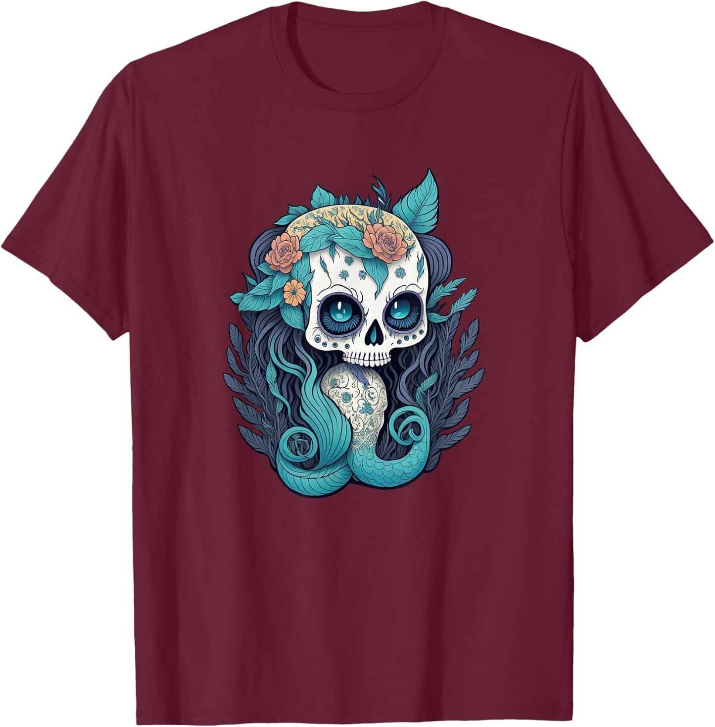 Sugar Skull Mermaid, Ocean Lover (Dia De Los Muertos) T-Shirt - T-Shirt | Maroon