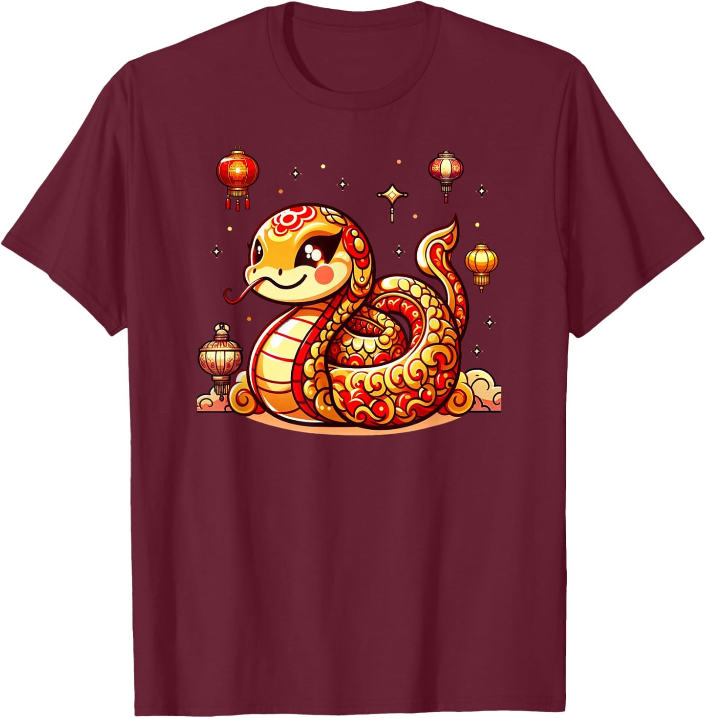 Cute Kawaii Red Gold Snake Chinese Lunar New Year Lucky T-Shirt - T-Shirt | Maroon