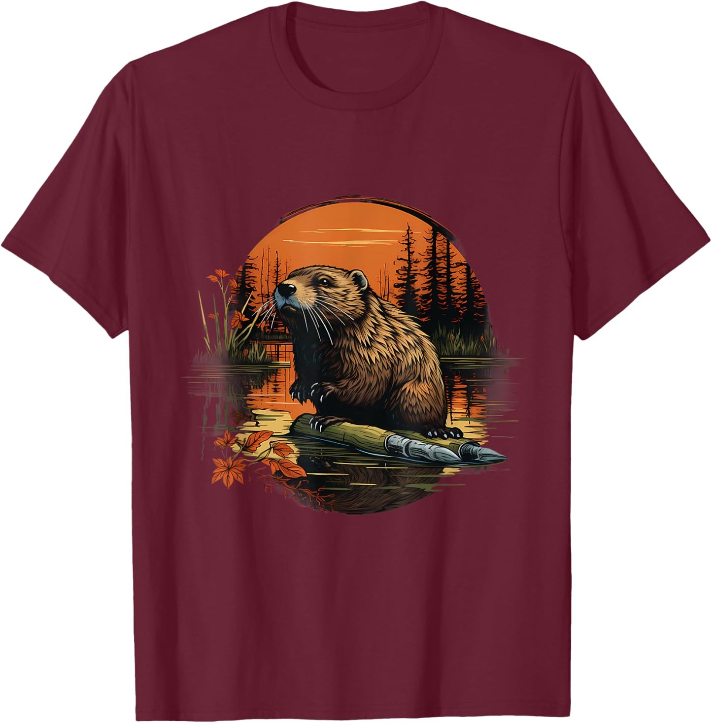 Beaver Forest Landscape Artwork Animal Art Nature Wildlife T-Shirt - T-Shirt | Maroon