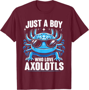 Just A Boy Who Loves Axolotls Kids Boys Cute Axolotl T-Shirt - T-Shirt | Maroon