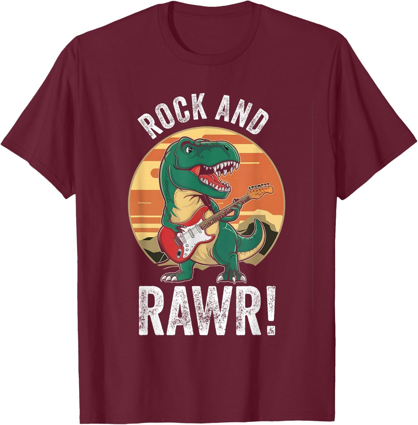 Rock and Rawr Cute T Rex Rocker Rock n Roll Trex Guitar T-Shirt - T-Shirt | Maroon