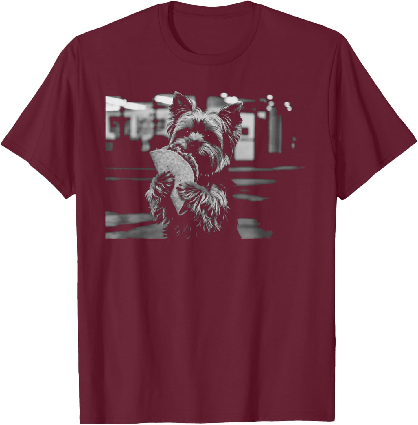 Yorkie Eating Taco Lover Graphic Funny Retro Dog Meme T-Shirt - T-Shirt | Maroon