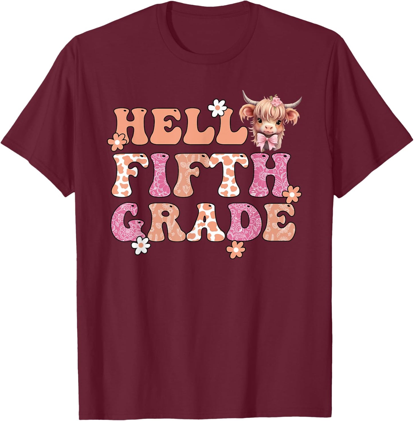 Hello Fifth Grade Highland Cow Back To School 5th Grade T-Shirt - T-Shirt | Maroon
